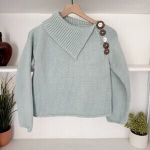 Pure Handknit Mint Green Chunky Knit Split Button Turtleneck Sweater Size S/M
